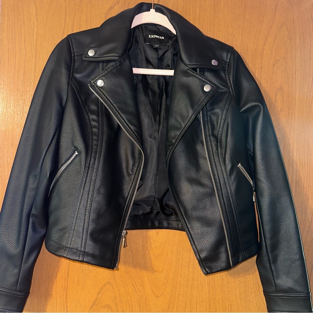 Express Women's Cropped Black Leather Jacket, size XS